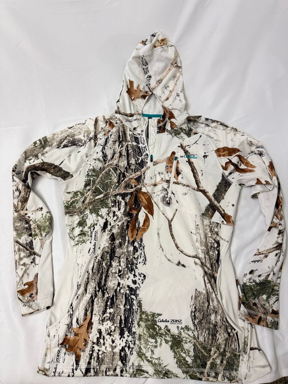 Cabela’s Women’s Zonz Woodlands Snow Camo Fleece Hoodie Hunting Pullover Medium